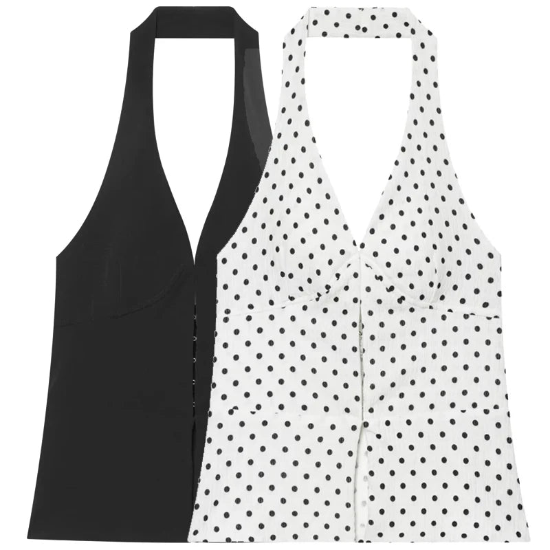 HXAO 2026 Women's Sexy Crop Halter Top Summer Chic Black Brown Off Shoulder Backless Tops Casual Polka Dot Slim Sleeveless Vests