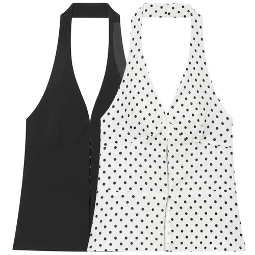 HXAO 2026 Women's Sexy Crop Halter Top Summer Chic Black Brown Off Shoulder Backless Tops Casual Polka Dot Slim Sleeveless Vests