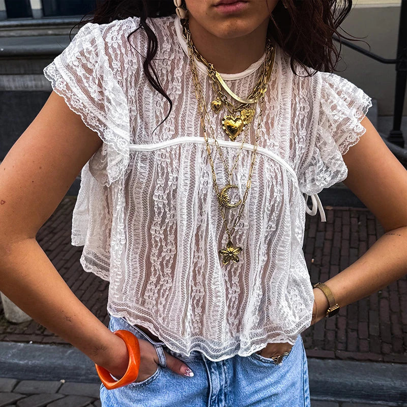 Women Cute Babydoll Vest Sexy See Through Cover-ups Coquette Lace Sheer T-shirt Fairycore Mesh Ruffless Sleeveless Crop Tops