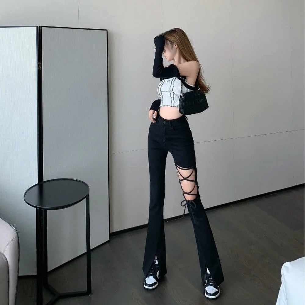 Rebel Lace-Up Flare Jeans