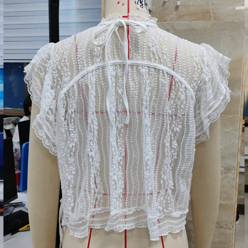 Women Cute Babydoll Vest Sexy See Through Cover-ups Coquette Lace Sheer T-shirt Fairycore Mesh Ruffless Sleeveless Crop Tops