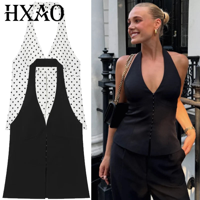 HXAO 2026 Women's Sexy Crop Halter Top Summer Chic Black Brown Off Shoulder Backless Tops Casual Polka Dot Slim Sleeveless Vests
