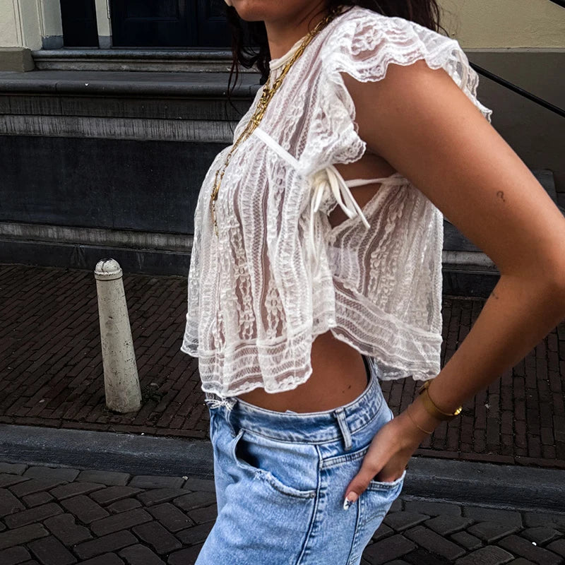 Women Cute Babydoll Vest Sexy See Through Cover-ups Coquette Lace Sheer T-shirt Fairycore Mesh Ruffless Sleeveless Crop Tops