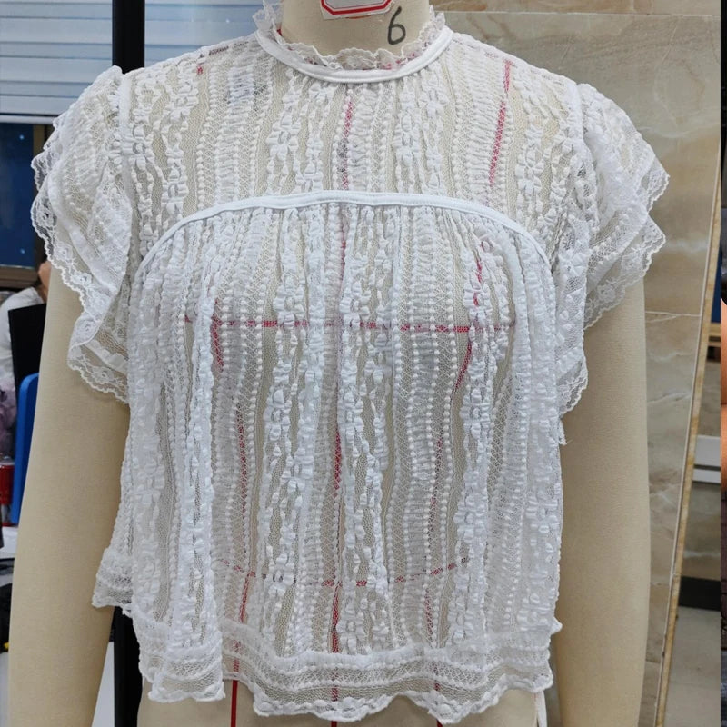 Women Cute Babydoll Vest Sexy See Through Cover-ups Coquette Lace Sheer T-shirt Fairycore Mesh Ruffless Sleeveless Crop Tops