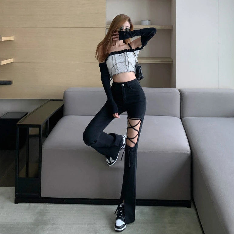 Rebel Lace-Up Flare Jeans
