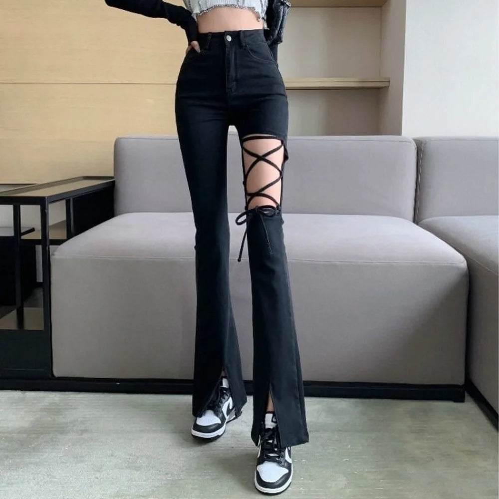 Rebel Lace-Up Flare Jeans