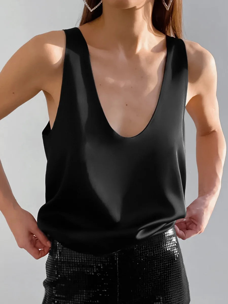 2026 New Solid Color Satin Sleeveless Top for Women U Neck Active & Street Style Soft Comfortable Casual Daily Party Wear