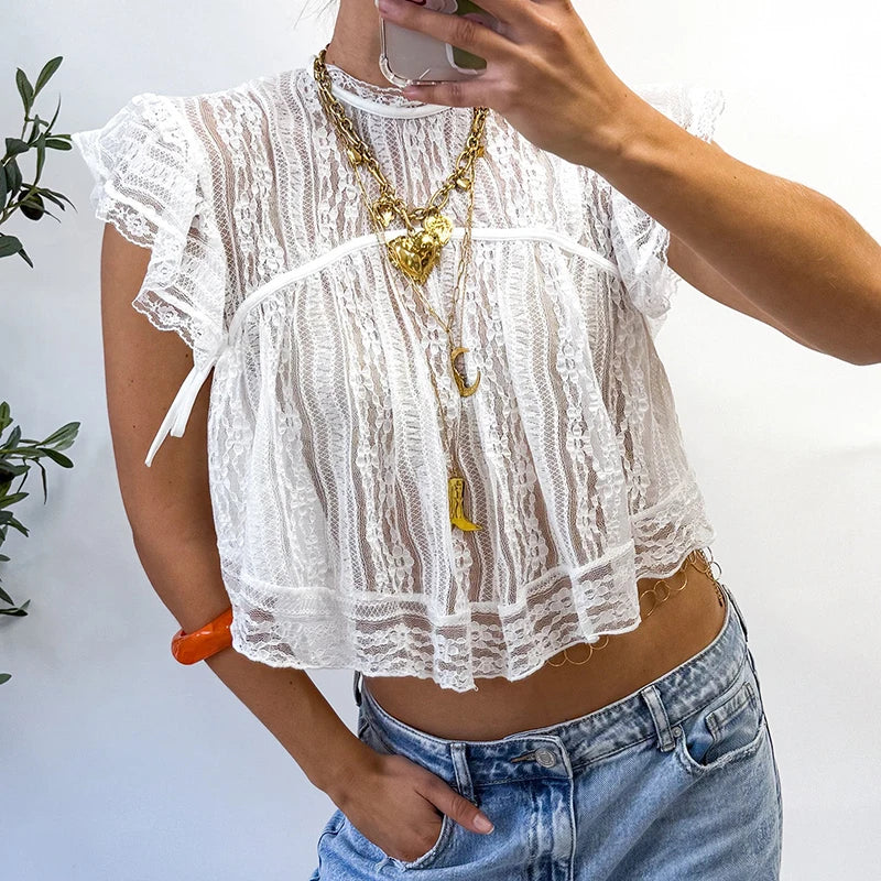 Women Cute Babydoll Vest Sexy See Through Cover-ups Coquette Lace Sheer T-shirt Fairycore Mesh Ruffless Sleeveless Crop Tops