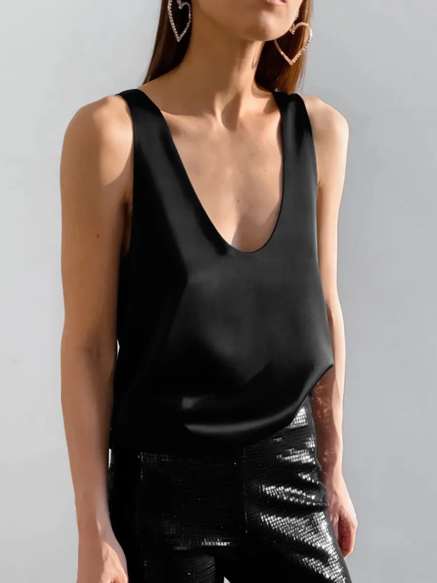 2026 New Solid Color Satin Sleeveless Top for Women U Neck Active & Street Style Soft Comfortable Casual Daily Party Wear