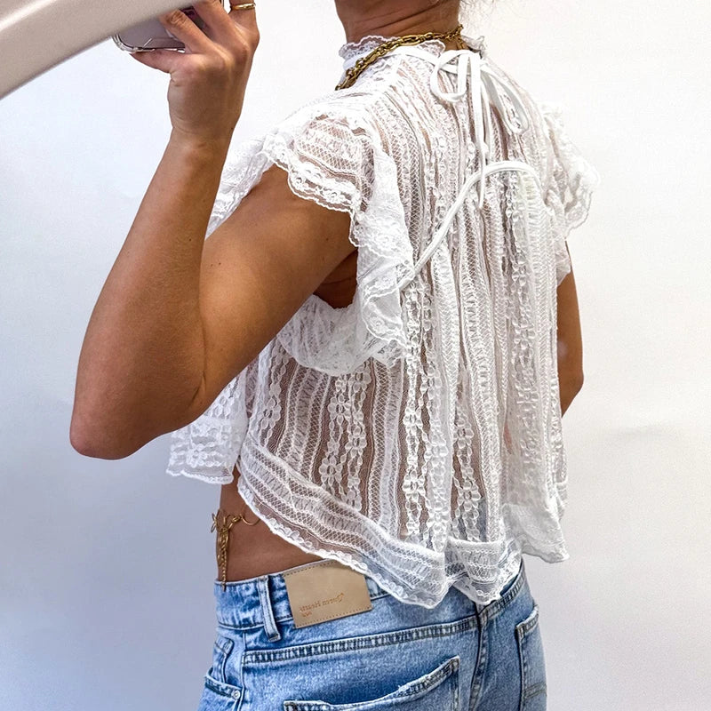 Women Cute Babydoll Vest Sexy See Through Cover-ups Coquette Lace Sheer T-shirt Fairycore Mesh Ruffless Sleeveless Crop Tops