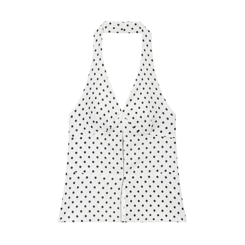 HXAO 2026 Women's Sexy Crop Halter Top Summer Chic Black Brown Off Shoulder Backless Tops Casual Polka Dot Slim Sleeveless Vests