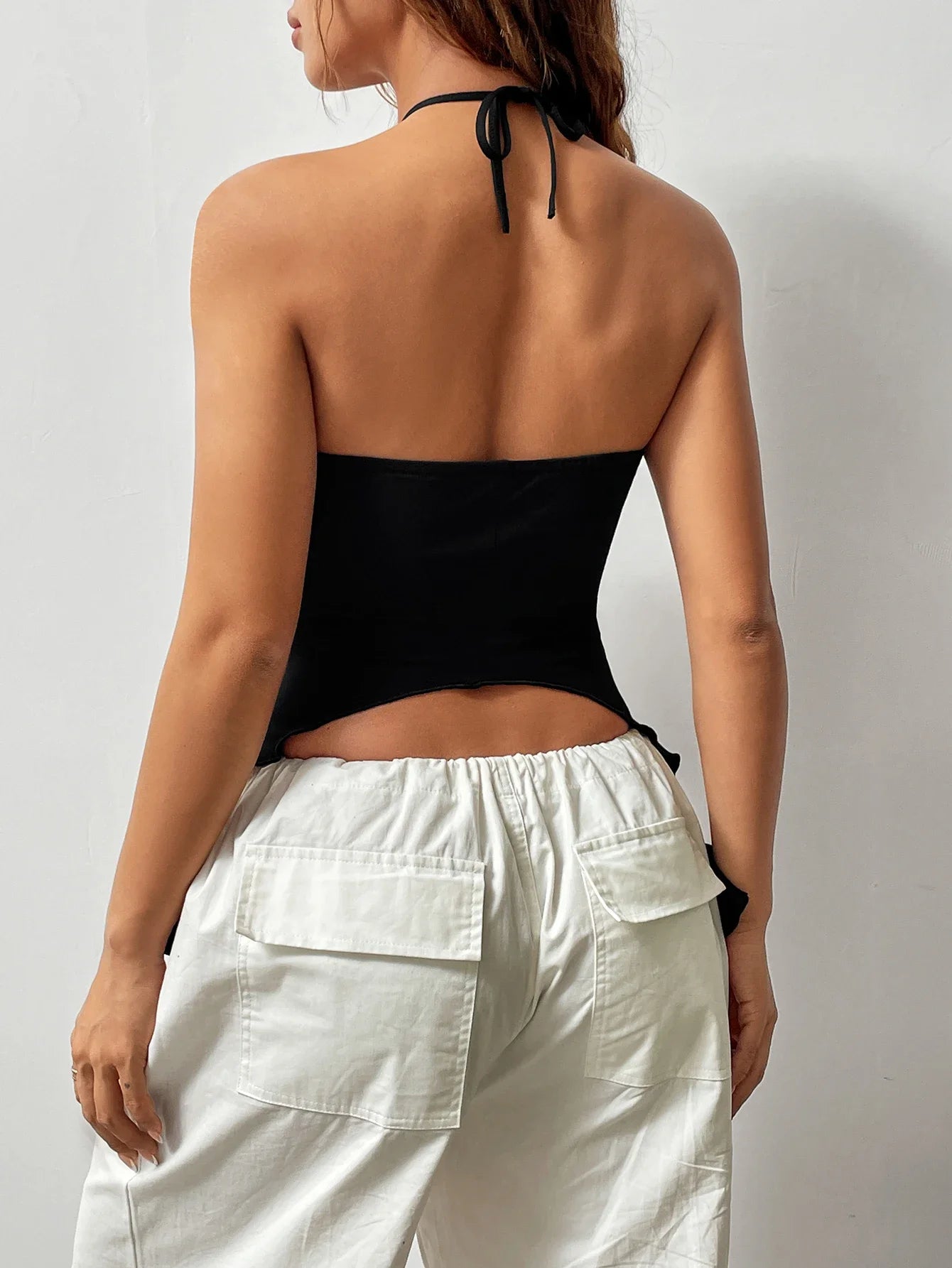 Ruched Front Crop Halter Top, Y2K Sexy Split Backless Halter Top For Summer, Women's Clothing