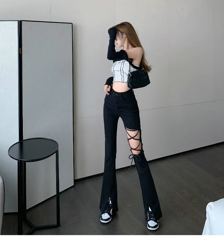 Rebel Lace-Up Flare Jeans