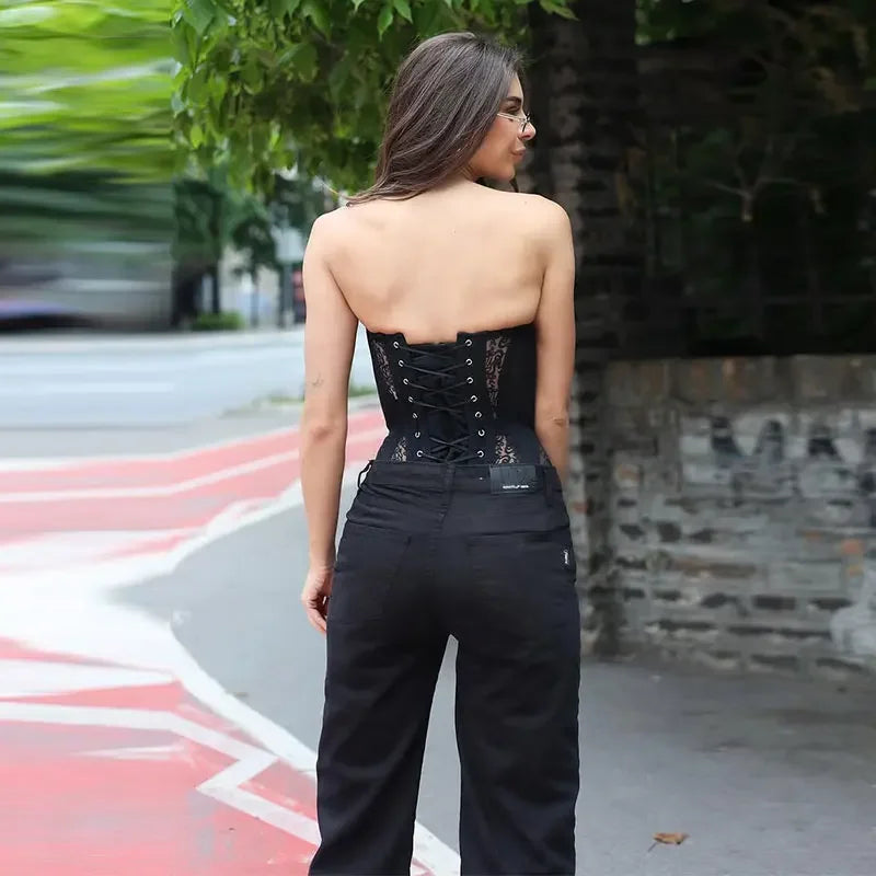 Holiday Spicy Girl Sexy Tight Corset Female Chic Lace Hollow Sleeveless Strapless Top 2026 Summer Elegant New Street Trendy Vest