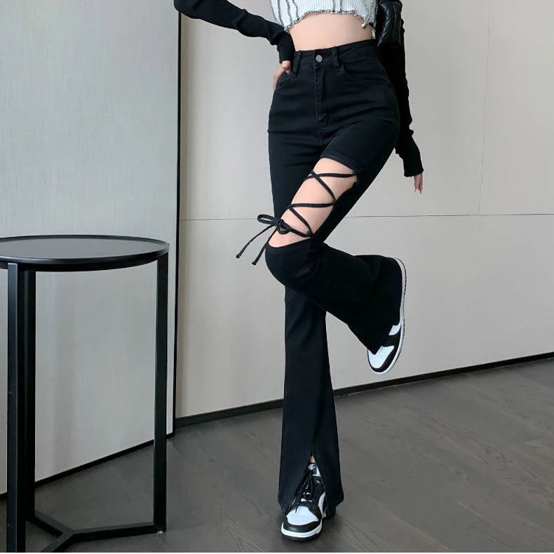 Rebel Lace-Up Flare Jeans