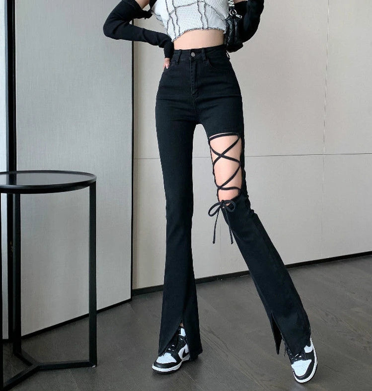 Rebel Lace-Up Flare Jeans