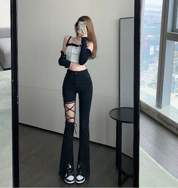 Rebel Lace-Up Flare Jeans