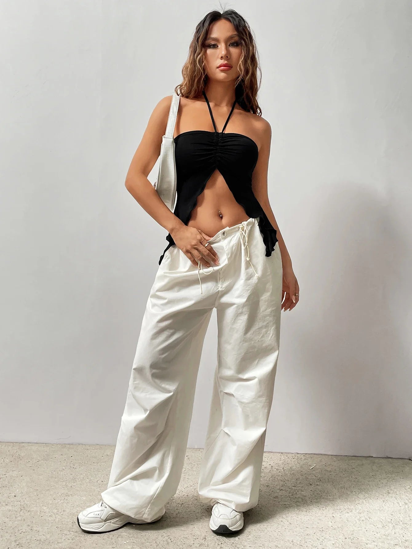 Ruched Front Crop Halter Top, Y2K Sexy Split Backless Halter Top For Summer, Women's Clothing