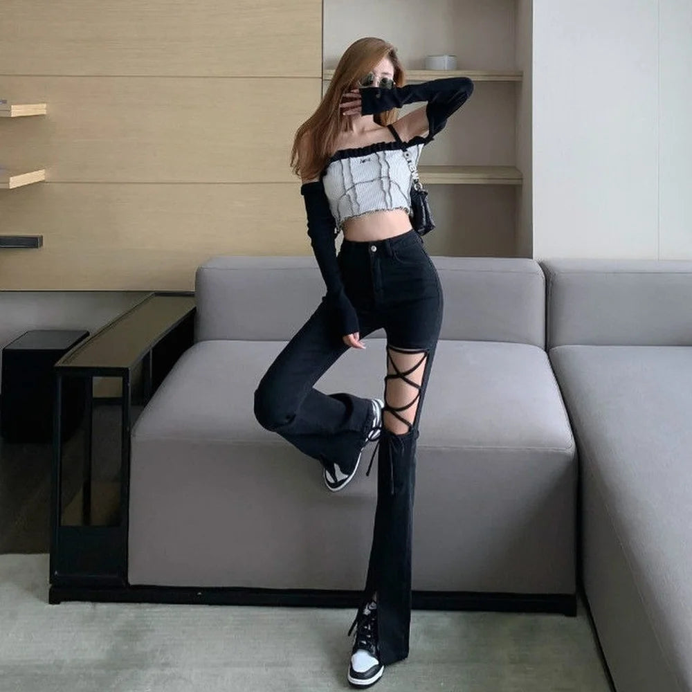 Rebel Lace-Up Flare Jeans